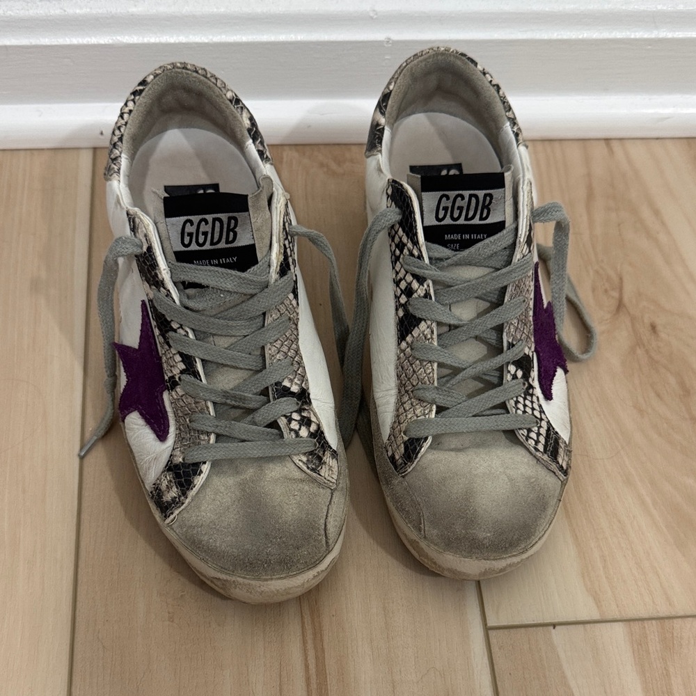 Golden Goose White and Purple Sneakers